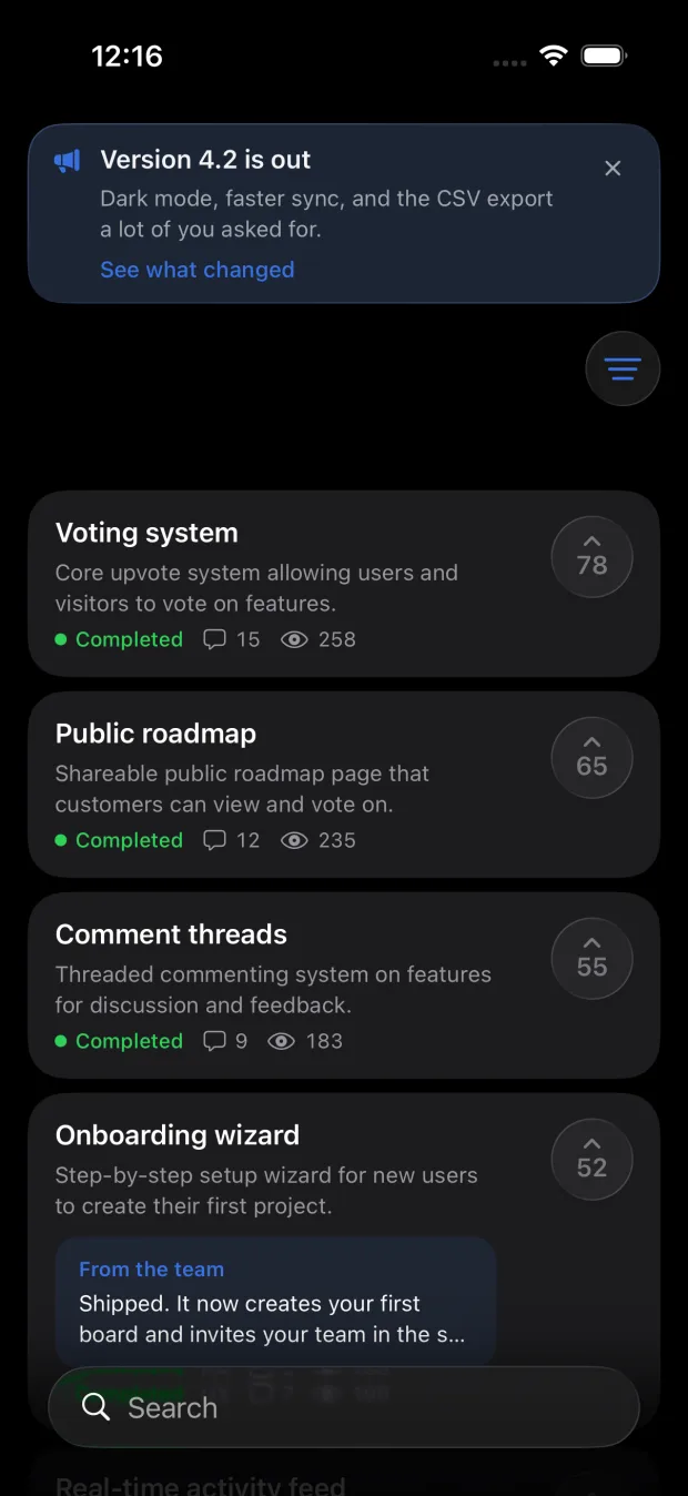 The board inside an iPhone app, four requests with their votes, comments and views, and a reply from the team on the fourth