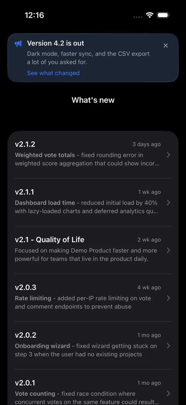 The changelog inside an iPhone app, six releases newest first, each one dated in plain words