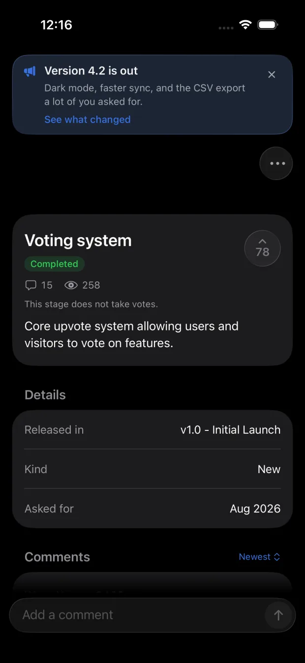 One request opened inside an iPhone app, showing its stage, its release, what kind of change it was and when it was asked for