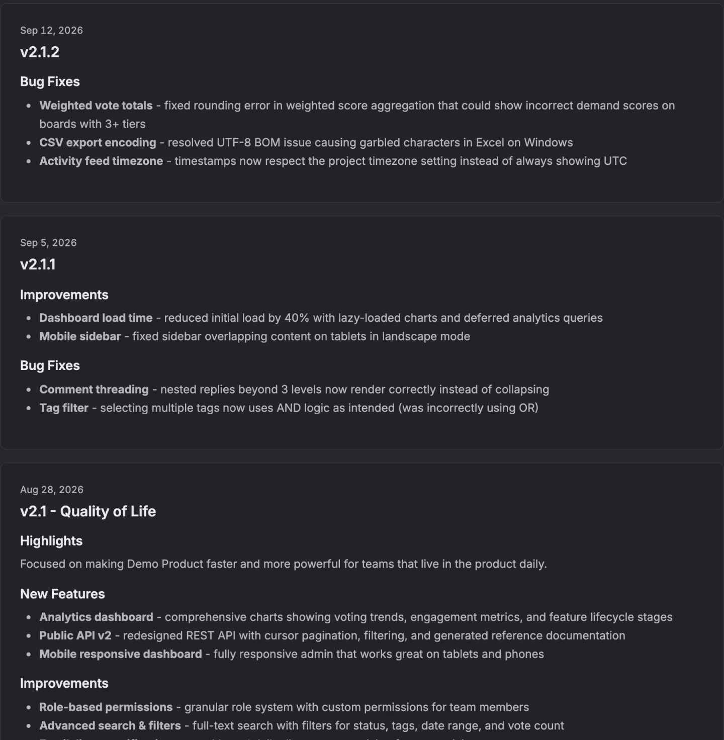 The public changelog, one card per release, each listing the improvements, new features and fixes that went out in it