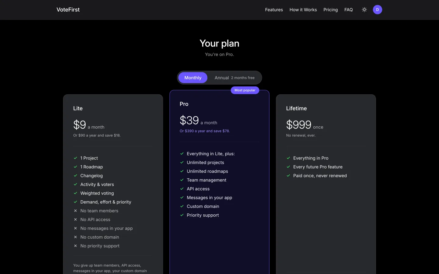 The three plans this product sells, Lite, Pro and a one off Lifetime, with what each one includes and what it leaves out