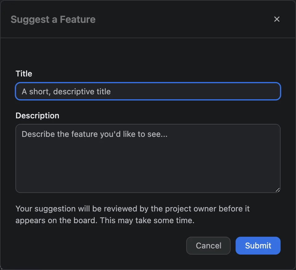 The suggestion form popup open over an ordinary web page, asking for what a visitor wants and why
