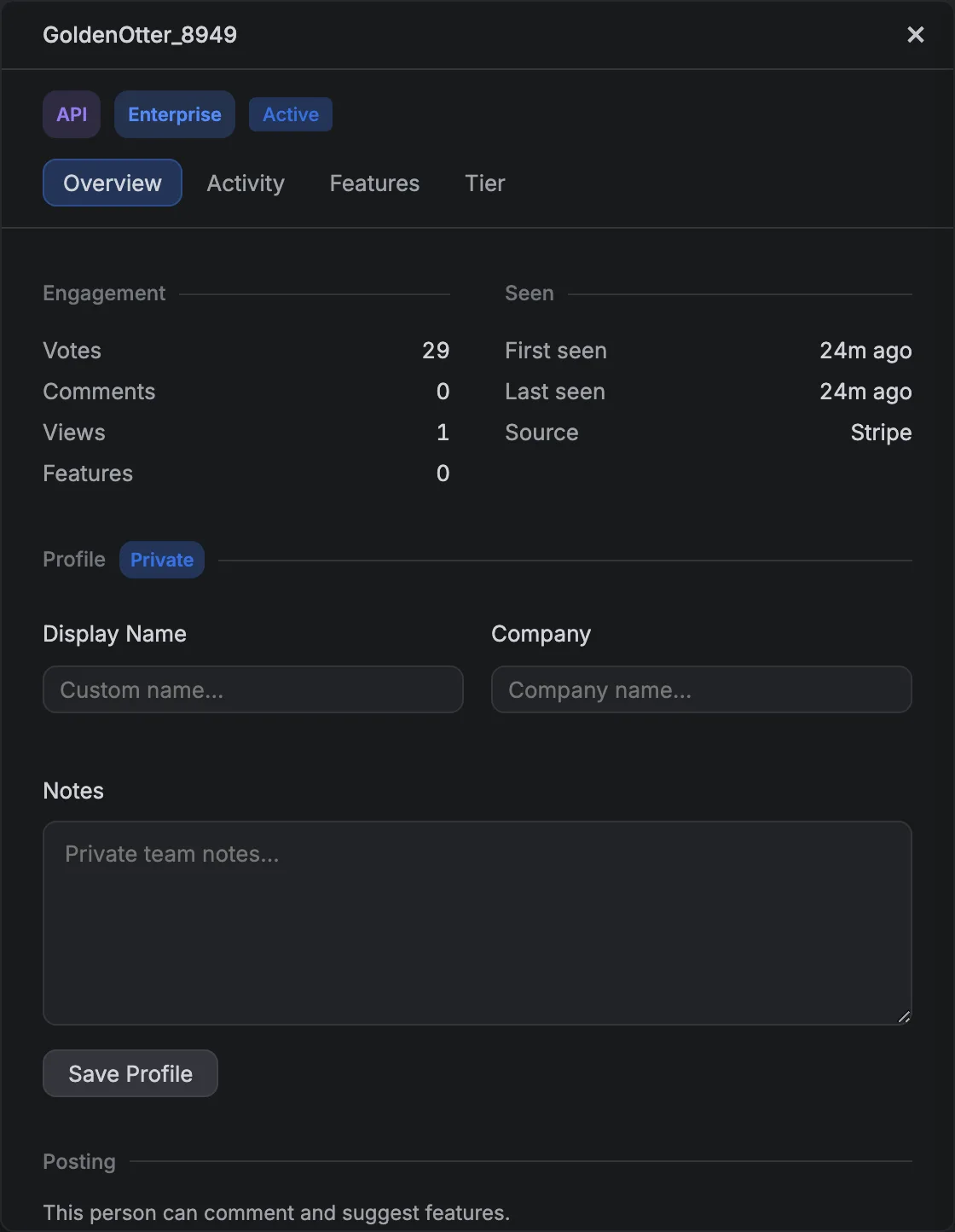 One voter opened, showing their votes, comments and views, when they were first and last seen, the billing system they came from, and the private notes only the team sees