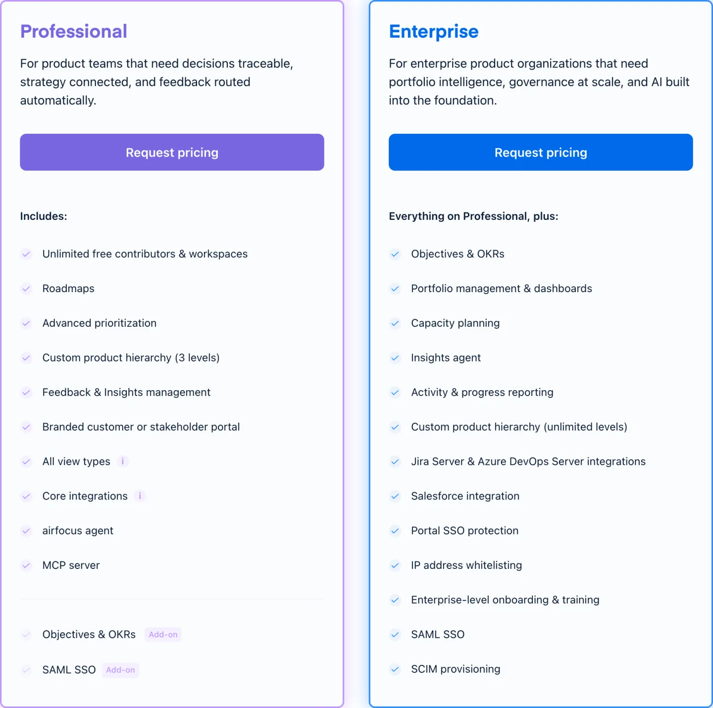 The airfocus pricing page read 2026-09-14, showing Professional and Enterprise side by side with Request pricing on both and no figure on either