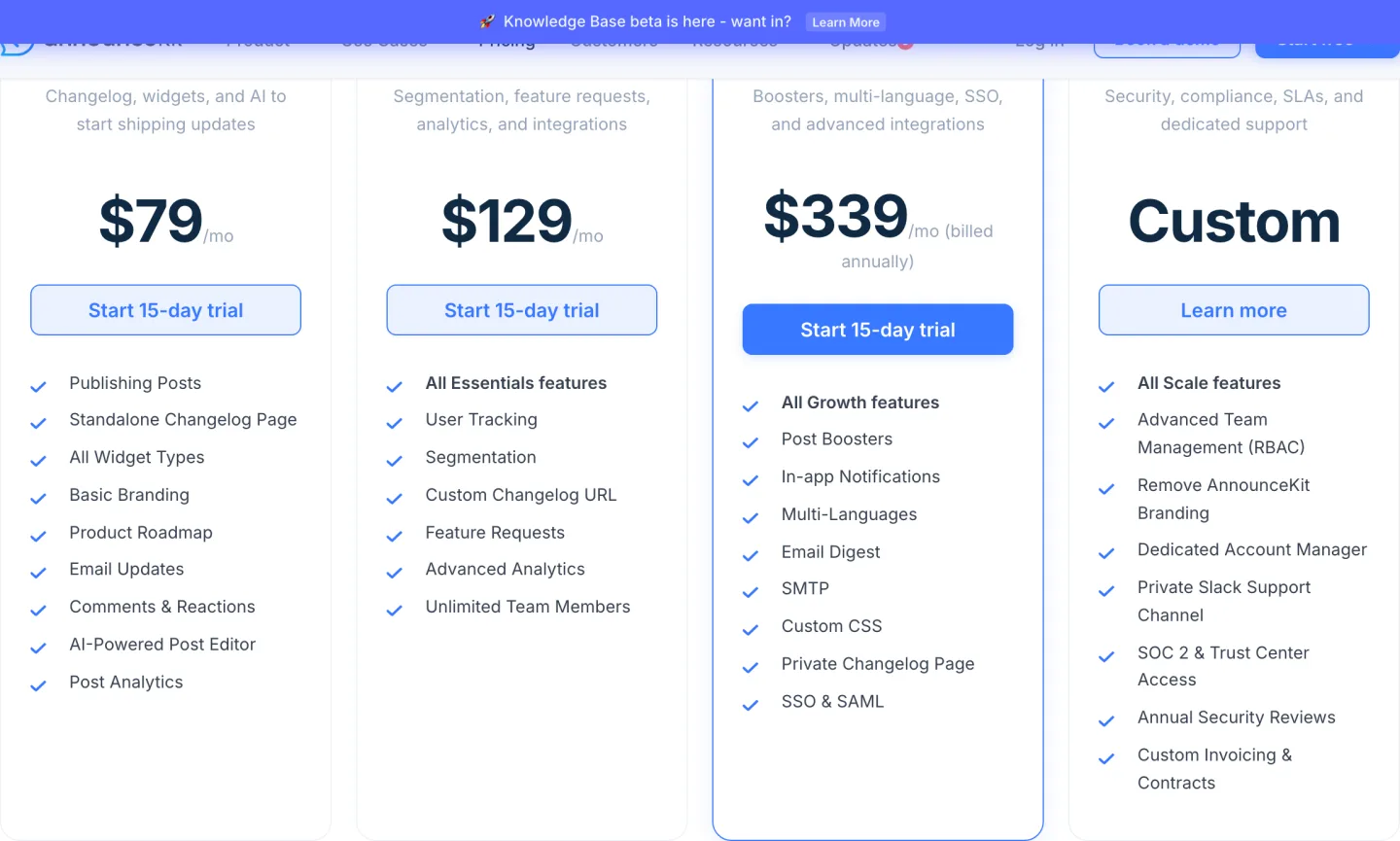 The AnnounceKit pricing page read 2026-09-14, Essentials at seventy nine dollars a month, Growth at a hundred and twenty nine carrying feature requests, Scale at three hundred and thirty nine with SSO and SAML, and a quoted Enterprise plan