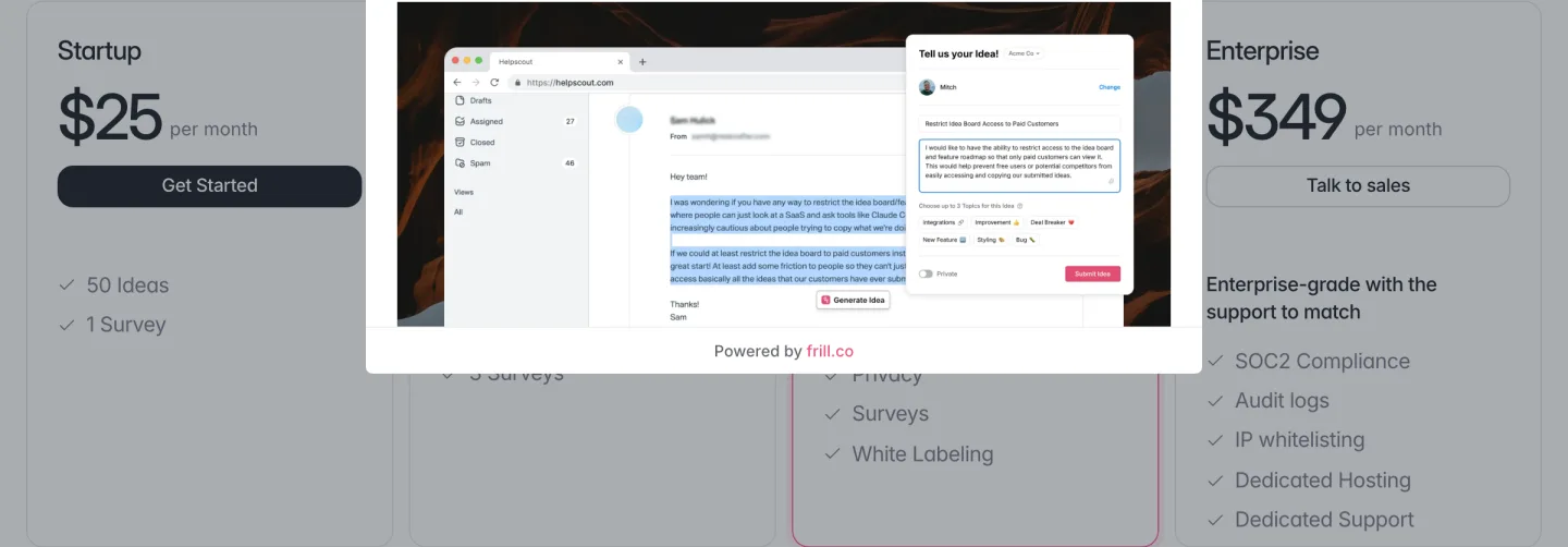 The Frill pricing page read 2026-09-14, Startup at twenty five dollars a month, Business at forty nine, Growth at a hundred and forty nine and Enterprise at three hundred and forty nine, priced per workspace