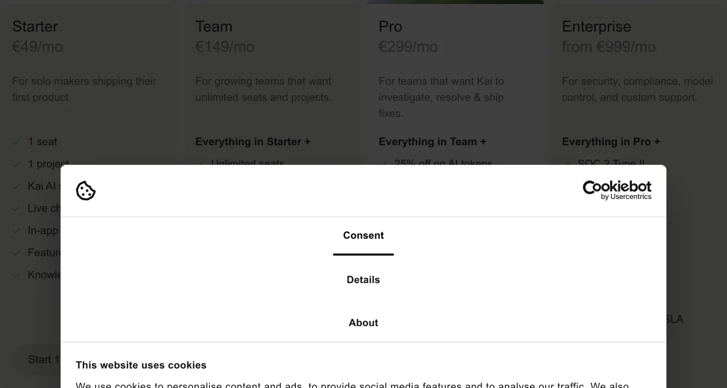 The Gleap pricing page read 2026-09-14, Starter at forty nine dollars a month with one seat and one project, Team at a hundred and forty nine with unlimited seats, Pro at two hundred and ninety nine and Enterprise from nine hundred and ninety nine