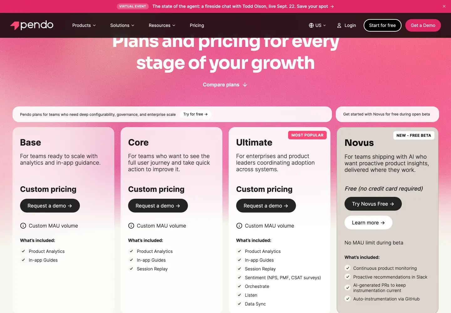 The Pendo pricing page read 2026-09-14, every paid plan reading custom pricing with a button asking you to contact sales and no figure anywhere on the page
