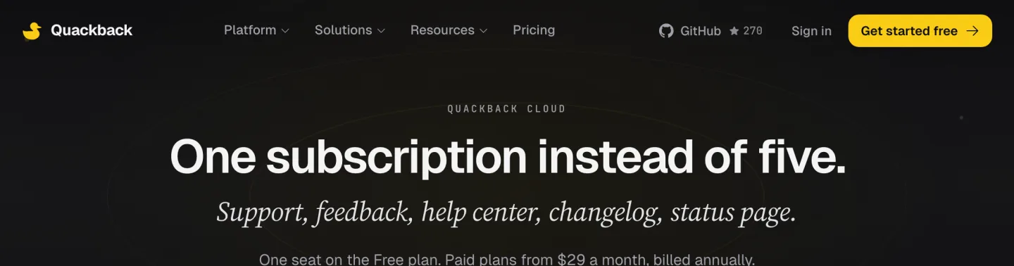 The Quackback pricing page read 16 September 2026, Free at nothing with one seat, Pro at twenty nine dollars a month with five seats, Business at fifty nine with twenty seats and Enterprise at ninety nine with unlimited seats