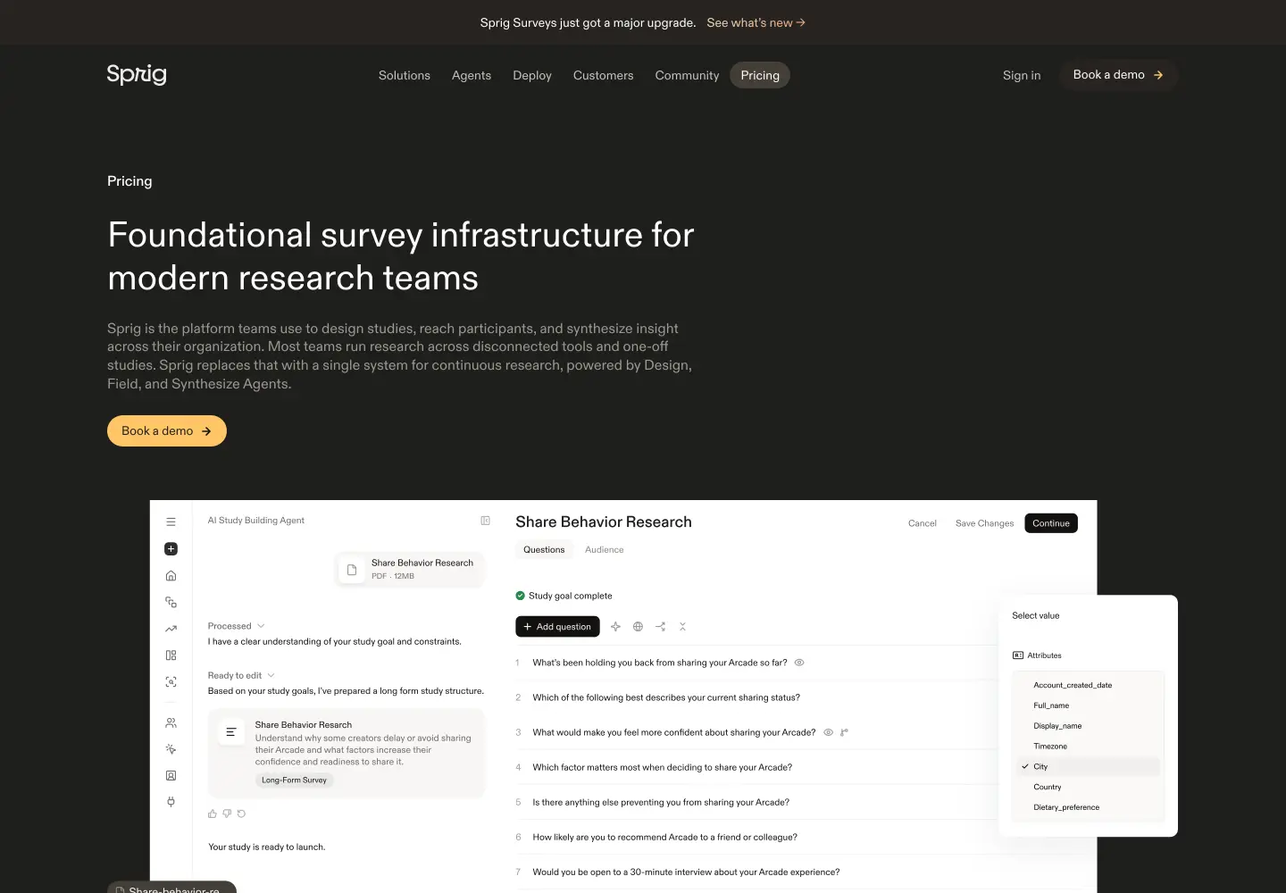 The top of the Sprig pricing page read 2026-10-04, a heading about survey infrastructure for research teams and a single Book a demo button, with no price on it
