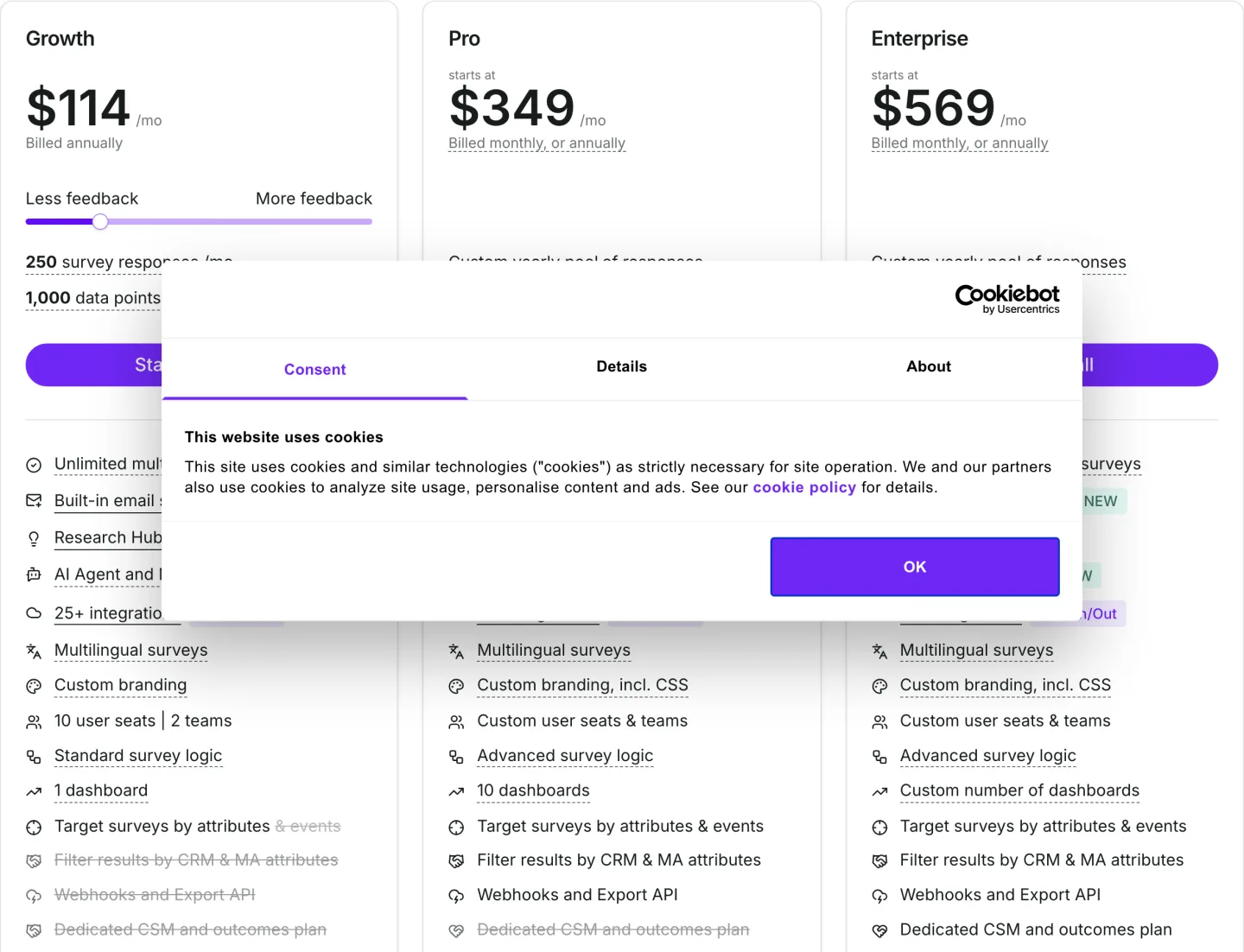 The Survicate pricing page read 2026-10-04 with yearly billing selected, Growth at one hundred and fourteen dollars a month for 250 responses, Pro from three hundred and forty nine and Enterprise from five hundred and sixty nine