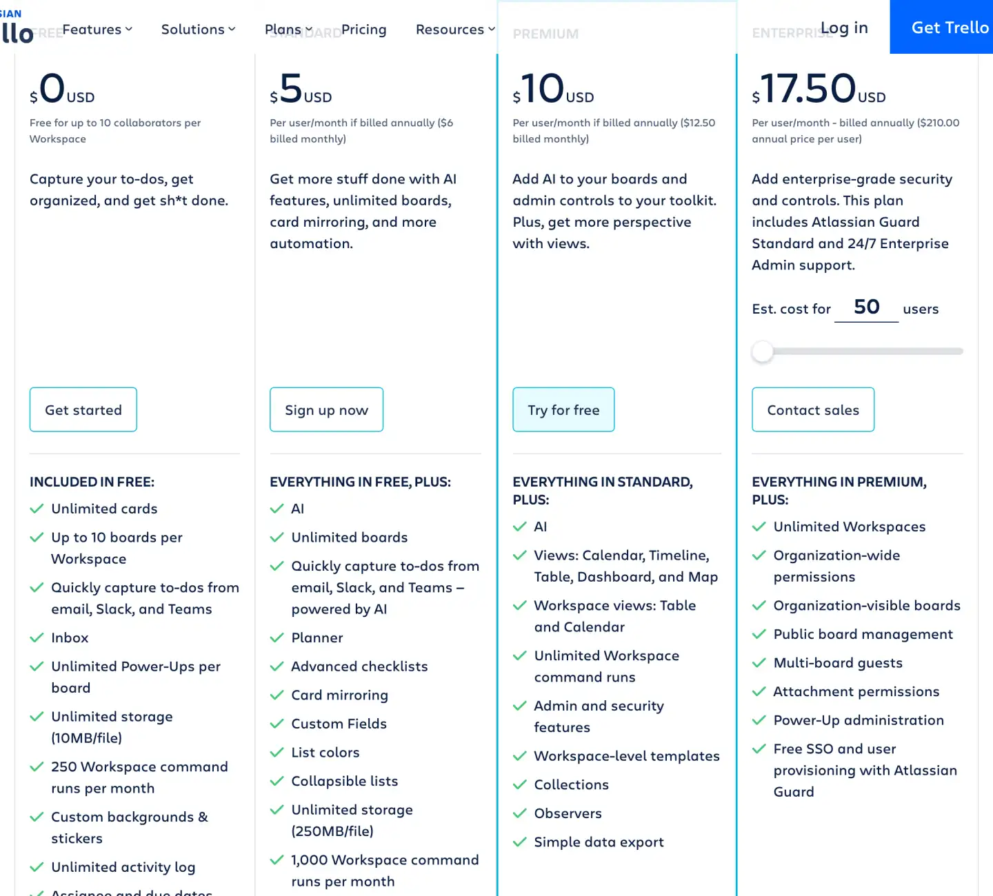 The Trello pricing page read 14 September 2026, Free at nothing, Standard at five dollars a user a month paid yearly, Premium at ten and Enterprise at seventeen fifty