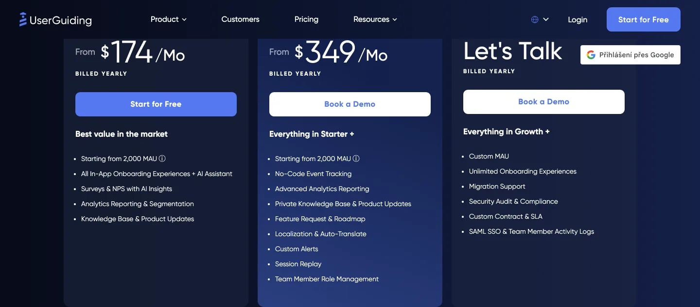 The UserGuiding pricing page read 2026-10-04 with yearly billing selected, Starter at one hundred and seventy four dollars a month and Growth at three hundred and forty nine for up to 2,000 monthly active users