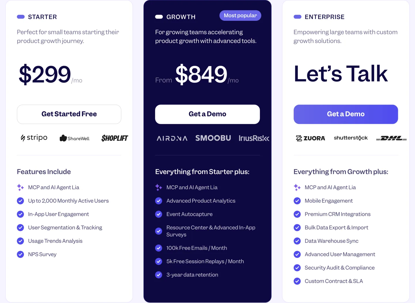 The Userpilot pricing page read 2026-10-04, Starter at two hundred and ninety nine dollars a month, Growth from eight hundred and forty nine, and Enterprise with no price