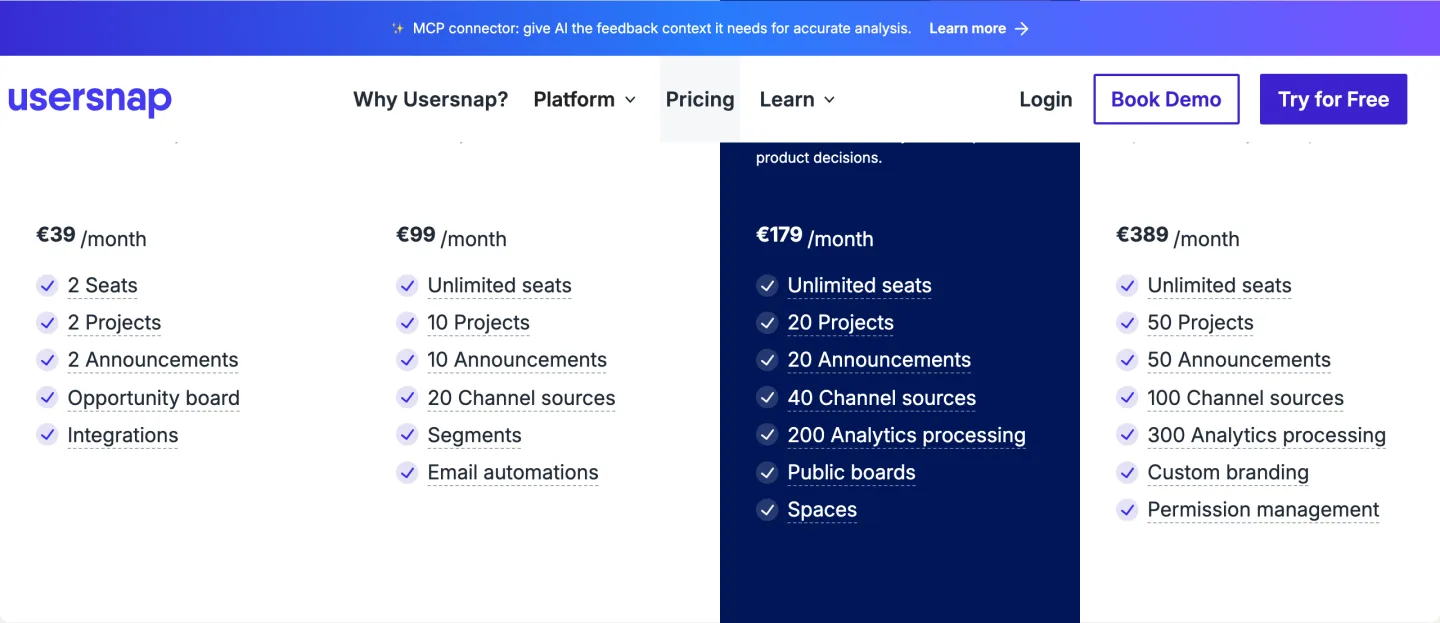 The Usersnap pricing page read 2026-10-04, the Starter, Growth, Professional and Premium plans side by side with their monthly prices